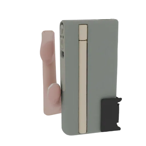 3D model of a minimalist gray power bank with a vertical metallic stripe and an integrated stand, shown against a black backg