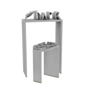 Modello 3D di un arco grigio con il logo 'NAPR' in cima e un paesaggio urbano in miniatura su una piattaforma inferiore.