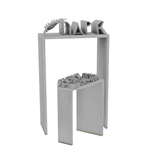 3D model of a gray archway with the 'NAPR' logo on top and a miniature cityscape on a lower platform.