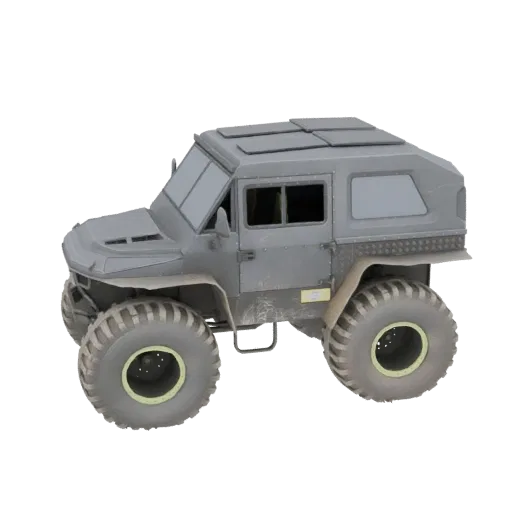 3D model of a grey, rugged off-road vehicle with large tires and a compact cabin, shown from a side-three-quarter view.