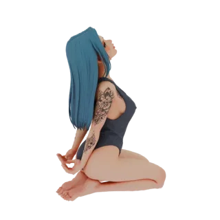 Modèle 3D d'une femme aux cheveux bleus et tatouages, portant un maillot de bain, agenouillée la tête penchée en arrière.