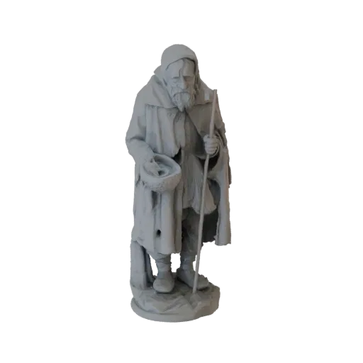 3D model of an ancient beggar with a long beard, wearing tattered robes, holding a bowl and a staff, standing on a rocky base