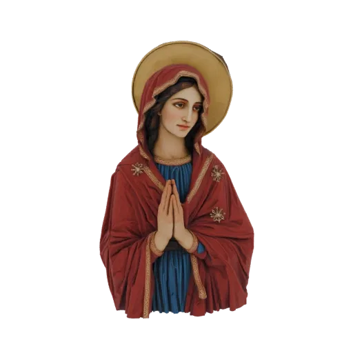 3D model of a Virgin Mary bust with hands clasped in prayer, wearing a red mantle and blue dress, with a golden halo.