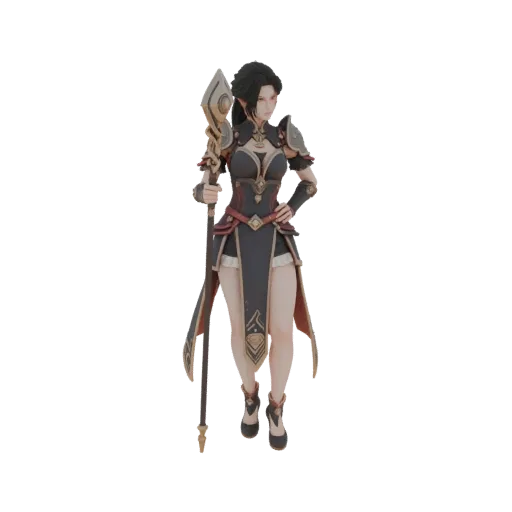 Modelo 3D de hechicera élfica con atuendo oscuro y bastón, en pose heroica.