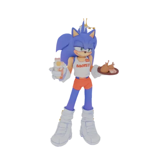 3D model of Sonic the Hedgehog dressed as a Hooters waiter, holding a tray of chicken and a drink.