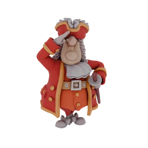 3D model of a claymation-style general in a red uniform, with a powdered wig, saluting.