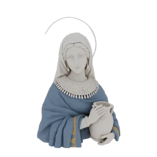 3D model of a serene biblical woman wearing a blue robe and veil, holding a water jug, with a halo.