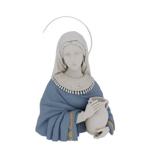 Modelo 3D de mujer bíblica serena con túnica azul, velo y cántaro, con halo.