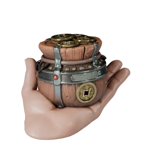 Cursed Coin Pouch 3D model, three-quarter front view, Unity viewport, showing aged wood, clear pickup silhouette.