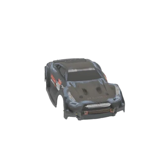 3D model of a black and grey Nissan GT-R R35 Nismo RC car body, viewed from the front three-quarter angle.