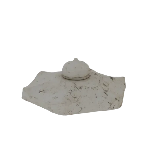 3D model render of a weathered stone bust wearing a cap, showing detailed cracks and a stoic expression.