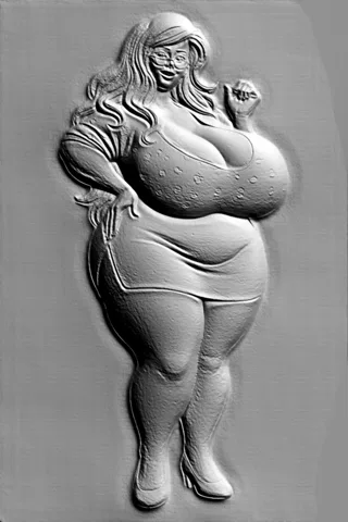Modello 3D di bassorilievo di donna formosa con occhiali, in posa dinamica.