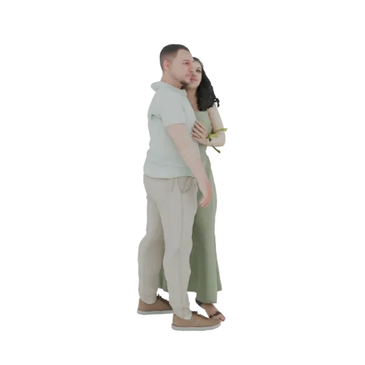 3D model of a romantic couple embracing, the woman holding a flower, against a white background.