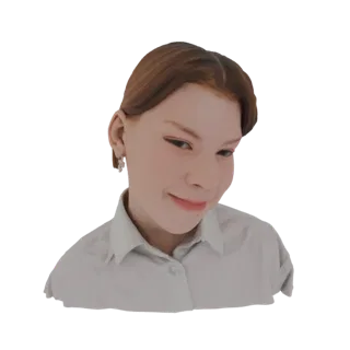 3D model of a young woman with auburn hair, wearing a white collared shirt, and sporting a playful, slightly mischievous smil
