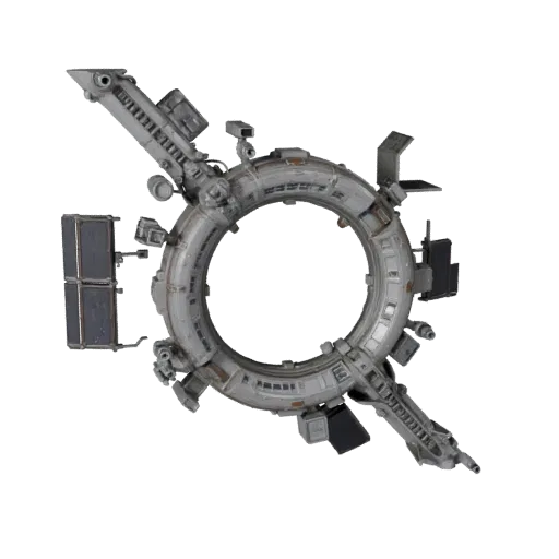 Modello 3D modulare Corridoio Stazione Spazio Profondo, vista isometrica del kit modulare, che mostra moduli metallici, layou