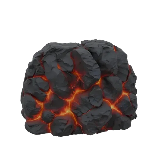 3D model of a cluster of dark, rugged rocks with glowing orange cracks, resembling molten lava.
