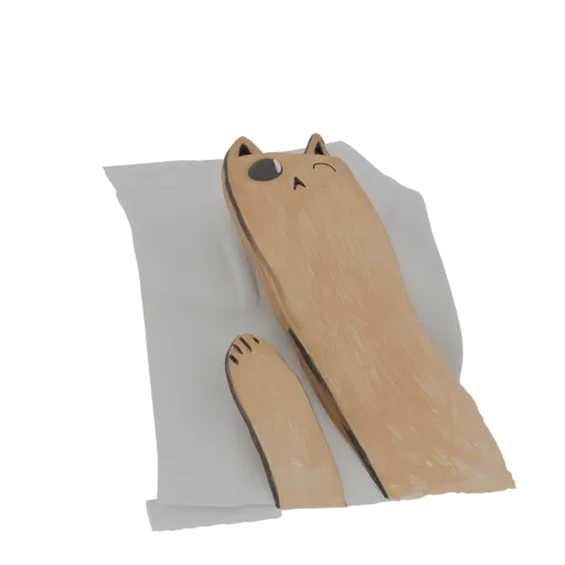 Modelo 3D de um gato longo e claro dormindo pacificamente em uma almofada branca, com um olho piscando.