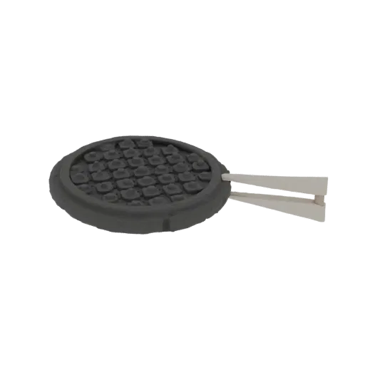 Modelo 3D de uma máquina de waffles circular vintage com padrão de grade e duas alças de madeira claras, sobre um fundo branc