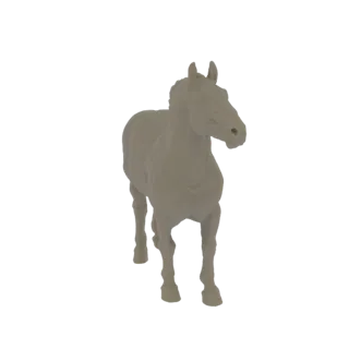 Ein neutral getöntes 3D-Modell eines Pferdes, das auf weißem Hintergrund steht.
