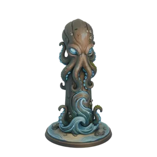 Modelo 3D de un tótem Kraken con tentáculos emergiendo de una base de agua, con ojos brillantes y textura de madera desgastad