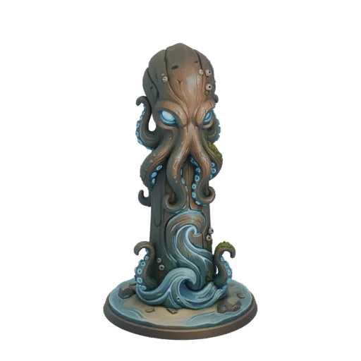 Modèle 3D d'un totem Kraken avec des tentacules émergeant d'une base aquatique, présentant des yeux lumineux et une texture d