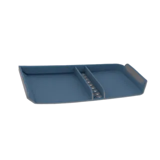 Uma renderização 3D de um organizador de mesa moderno azul com dois grandes compartimentos e uma seção central com ranhuras v