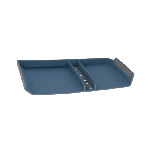A 3D render of a modern blue desk organizer tray with two large compartments and a central section with vertical slots for pe