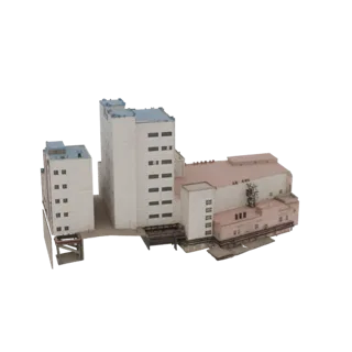 Modelo 3D de um complexo industrial de fábrica de vários andares com vários edifícios interconectados e infraestrutura visíve