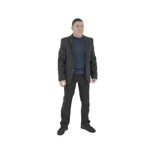 3D model of a man in a dark suit and blue shirt, standing with hands at his sides, against a white background.