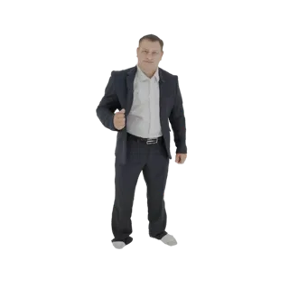 3D model of a man in a dark suit, standing and adjusting his lapel with his left hand, looking towards the viewer.