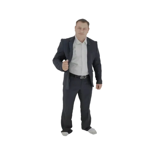 3D model of a man in a dark suit, standing and adjusting his lapel with his left hand, looking towards the viewer.