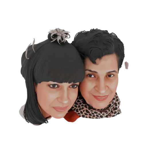 AI-generated 3D model of two women in a close-up portrait, one with dark bob hair and floral accessory, the other with short curly hair and leopard scarf.