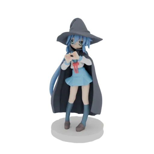3D model of an anime magical girl with blue hair, wearing a witch hat and cape, in a playful pose.