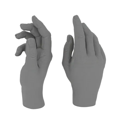 Modelo 3D de una mano femenina elegante en pose grácil, con los dedos ligeramente curvados y la palma hacia adelante.