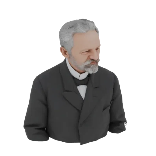 3D model render of a bust of a distinguished gentleman with silver hair and beard, wearing a dark suit and bow tie.