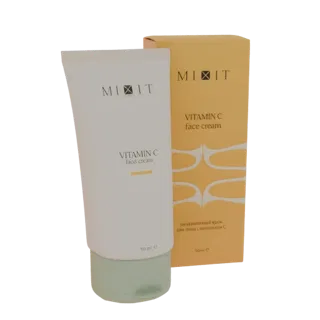 Modèle 3D d'un tube blanc de crème pour le visage MiXit Vitamine C avec un capuchon vert menthe à côté de sa boîte jaune.
