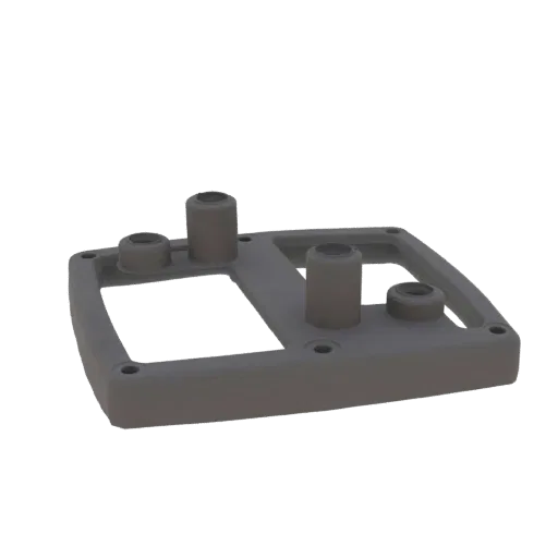 3D render of a gray plastic base plate with four cylindrical posts, viewed from a slight angle against a white background.
