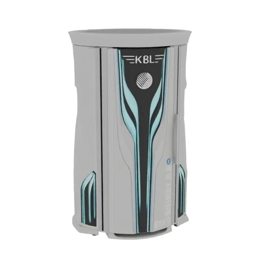 3D model of a KBL Energy 2.0 tanning bed with a light gray exterior and glowing blue accents, presented on a white background