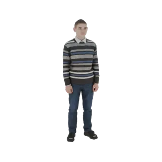 3D model of a young man wearing a striped sweater and blue jeans, standing against a white background.