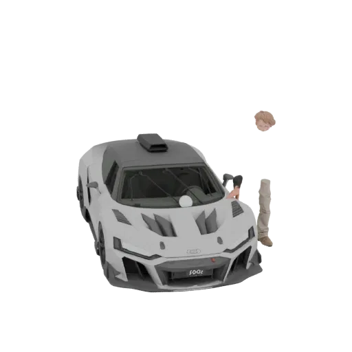 3D model of the white Audi RS Q e-tron rally car with a black roof, viewed from a three-quarter front angle.