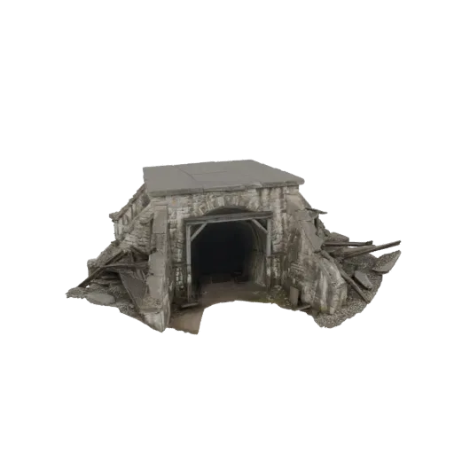 3D model of a weathered, abandoned mine entrance with a dark tunnel, surrounded by rocks and debris.