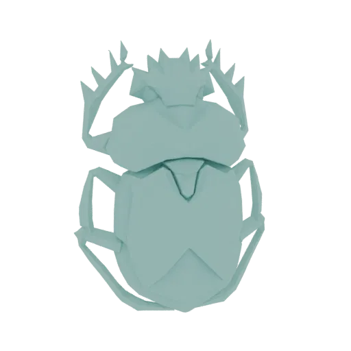 A low-poly 3D model of an Egyptian scarab beetle, rendered in a matte teal color, against a white background.