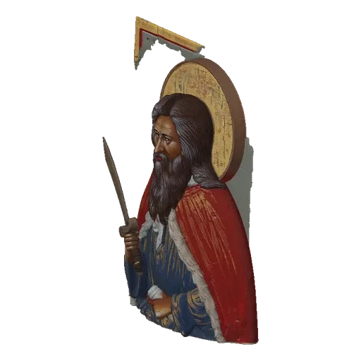 3D model of a Saint figure with a long beard, wearing red and blue robes, holding a sword, with a golden halo.