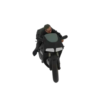 3D model of a man in black riding a black sportbike, leaning forward in a dynamic pose.