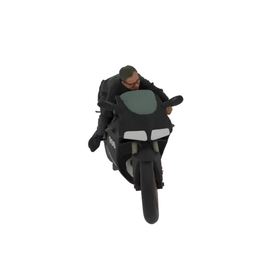 3D model of a man in black riding a black sportbike, leaning forward in a dynamic pose.
