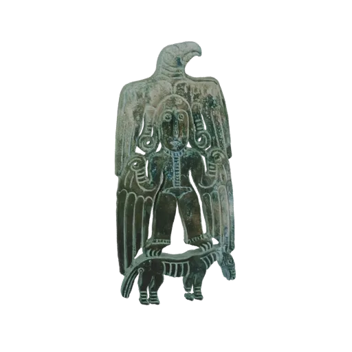 3D model of an ancient bronze pendant featuring an eagle-headed man with spread wings standing over a horse.