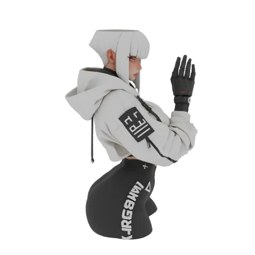 3D model of a cyberpunk girl with white hair, red eyes, a white hoodie, black leggings, and a detailed robotic arm, posed aga