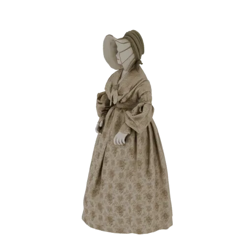 3D model of a woman in a 19th-century dress and bonnet, viewed from the side.