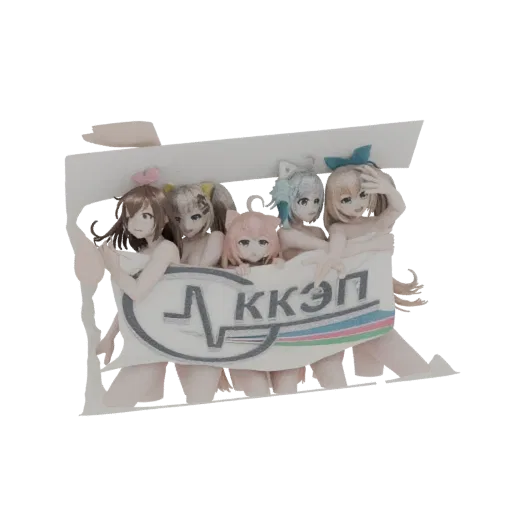 3D model render of five anime girls holding a banner with the stylized logo 'AKKP' and colorful stripes.