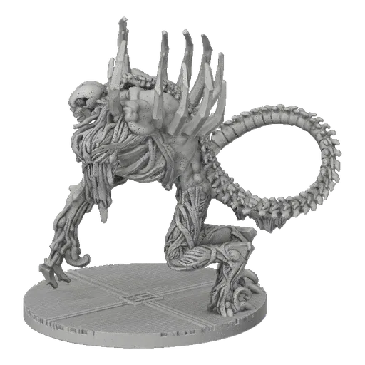 3D model of a grotesque abomination with multiple skulls and tentacles, standing on a circular base.